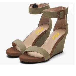 FSJ Khaki Wedge Sandals Low Platform Ankle Strap Open Toe Sandal Wedge Heel Shoe